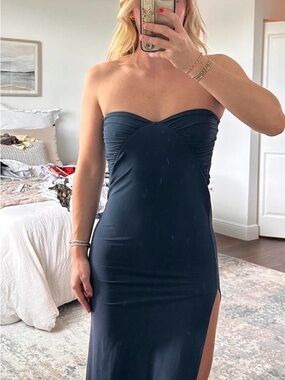 Zara Strapless Blue Ruched Midi Dress